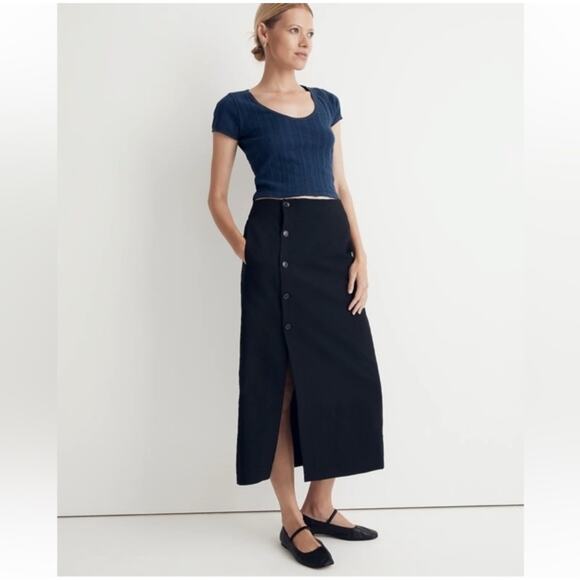 Madewell Dresses & Skirts - Madewell Linen Blend Button Front Midi Skirt Black High Rise Size 4